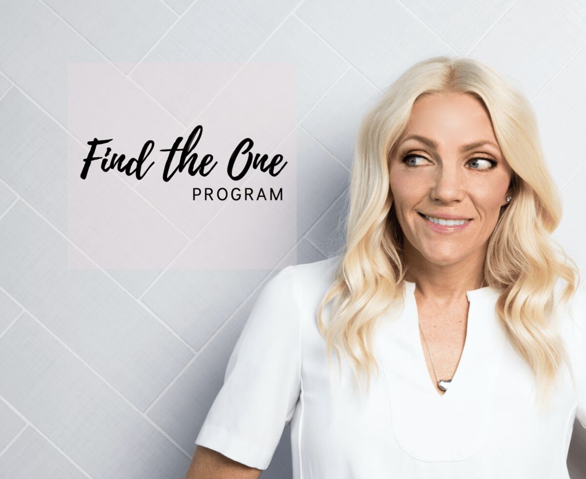 Kellie Hatch, creator of the Find The One program, smiling in a white top beside the handwritten title “Find the One Program”