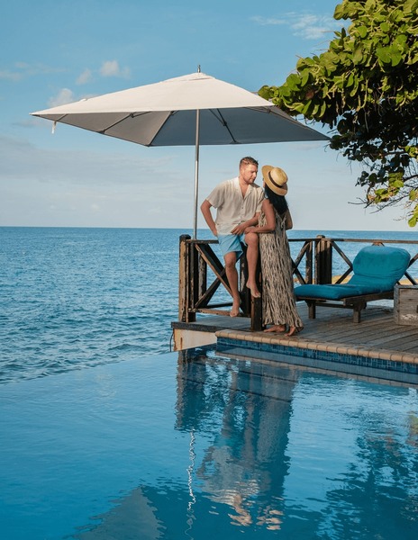 A couple reconnecting during a private waterfront retreat